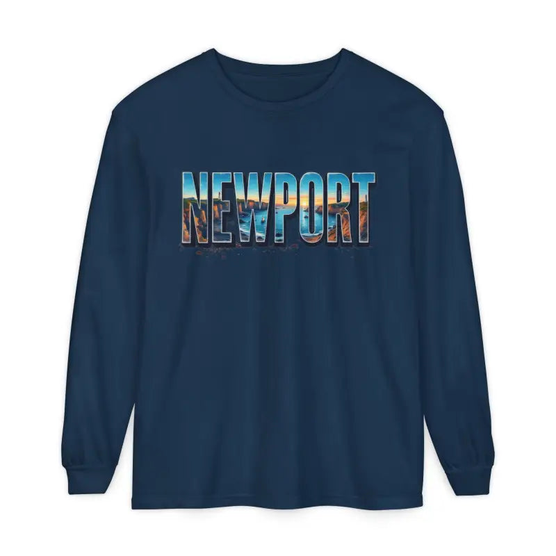 Navy long-sleeved shirt featuring Newport graphic for stylish casual wear