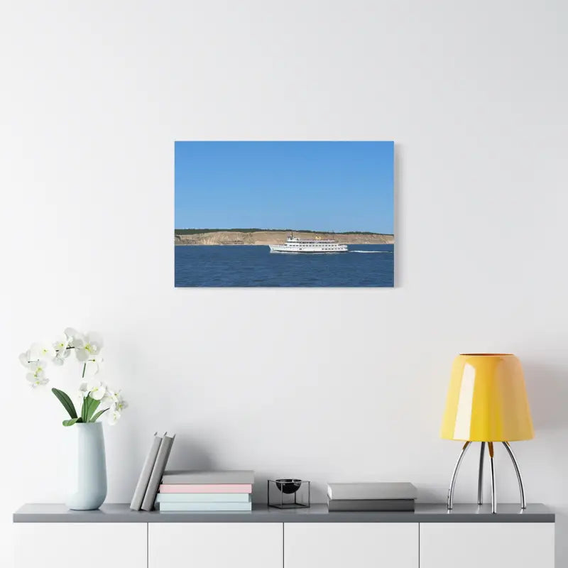Canvas print of M/V Anna C ferry boat near Block Island bluffs, showcasing maritime scenery
