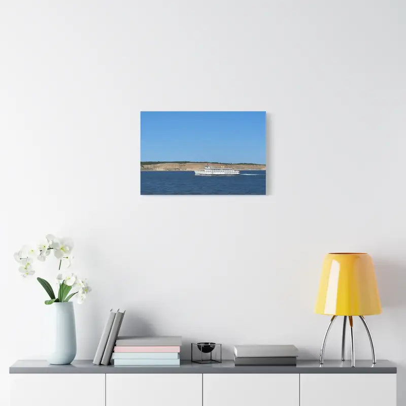 Canvas print of M/V Anna C sailing on water near Block Island bluffs