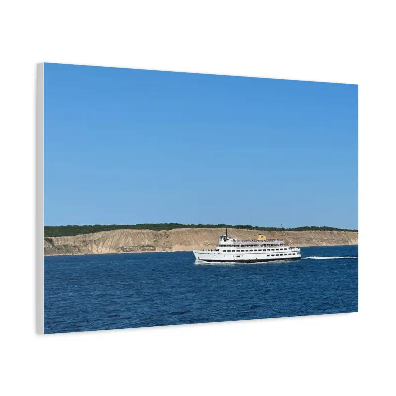 White passenger ferry M/V Anna C near Block Island bluffs - Scenic maritime canvas print