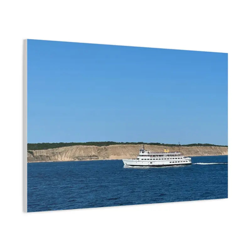 Canvas print of M/V Anna C ferry boat near Block Island’s scenic bluffs