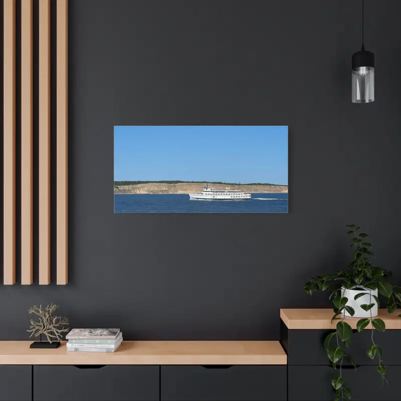 Framed photograph of M/V Anna C off Block Island displayed in scenic maritime canvas print