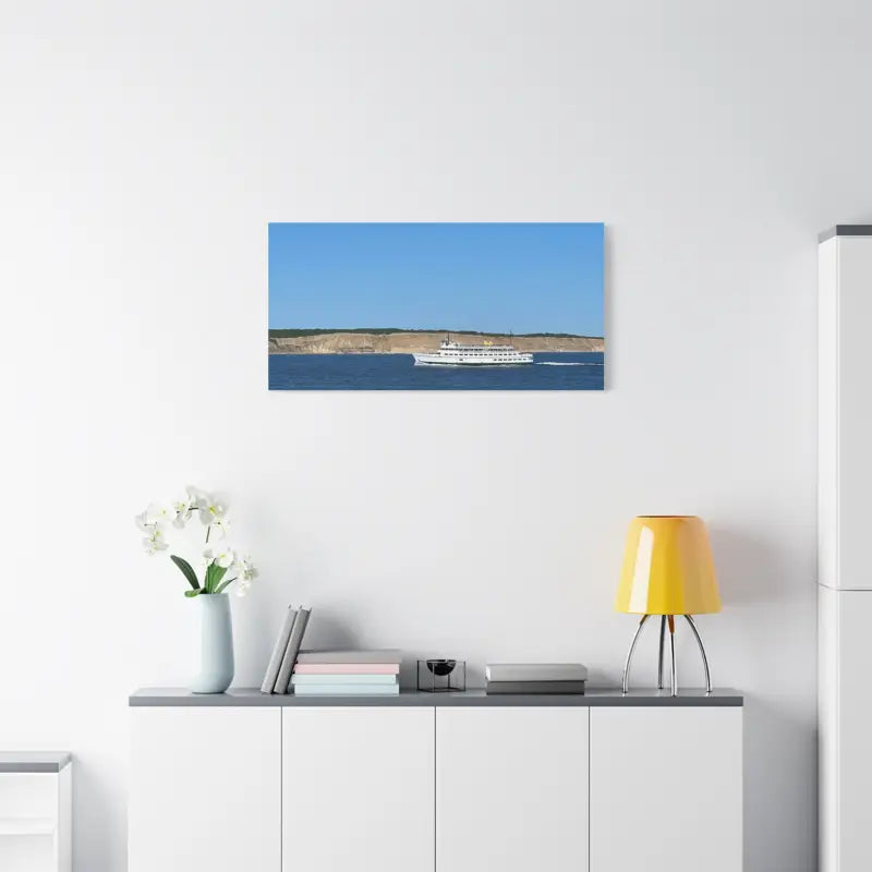 Framed boat landscape of M/V Anna C off Block Island in scenic maritime canvas print