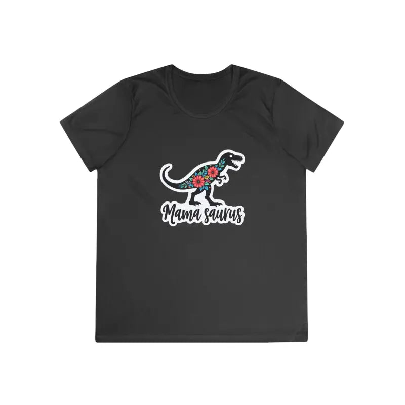 Black t-shirt featuring a dinosaur graphic from Mama Saurus Rex Style collection