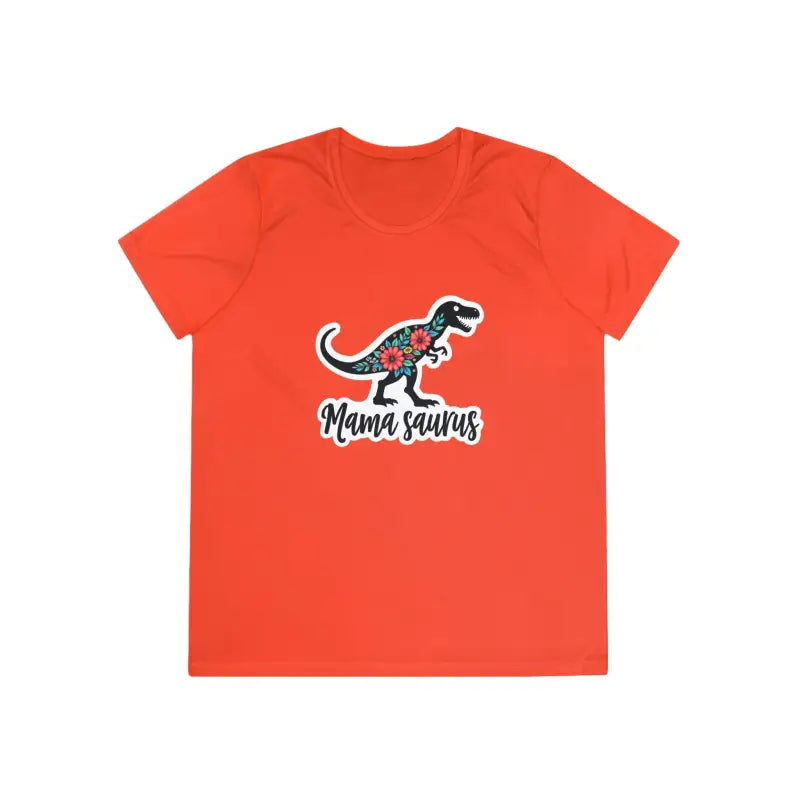 Orange T-shirt featuring dinosaur graphic from Mama Saurus Rex Style collection