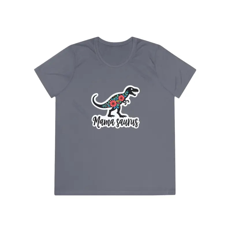 Gray T-shirt featuring a dinosaur graphic from Mama Saurus Rex Style collection