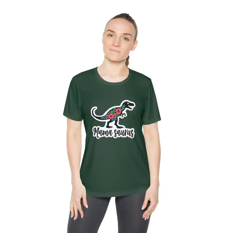 Dark green Mama Saurus Rex quick dry T-shirt with a dinosaur graphic design