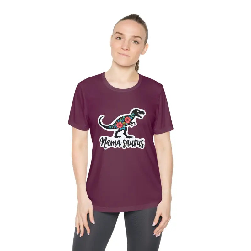 Maroon Mama Saurus Rex Quick Dry T-Shirt featuring a dinosaur graphic design