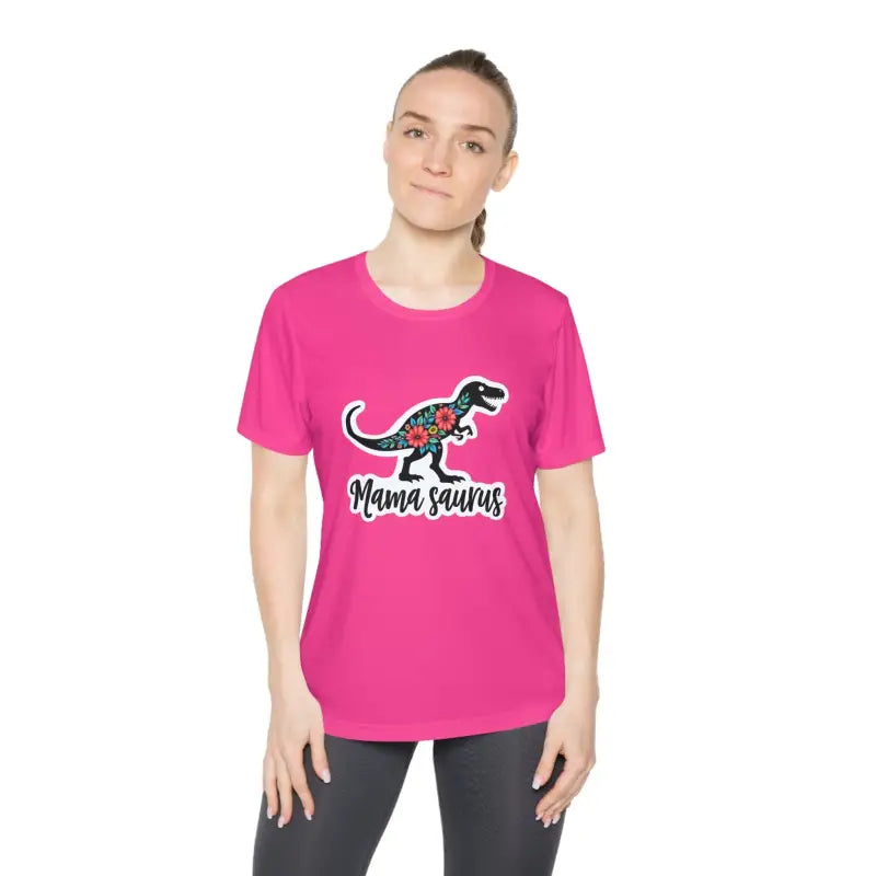 Pink Mama Saurus Rex Style Quick Dry T-Shirt featuring a playful dinosaur graphic