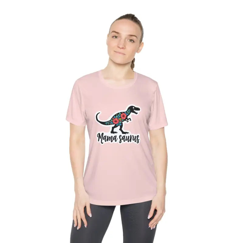 Pink Mama Saurus Rex Style Quick Dry T-shirt featuring a vibrant dinosaur graphic
