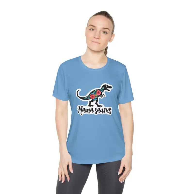 Light blue Mama Saurus Rex Style Quick Dry T-shirt with dinosaur graphic design