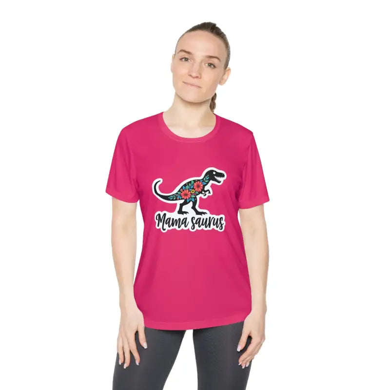 Pink t-shirt featuring Mama Saurus Rex design, perfect for quick-dry comfort
