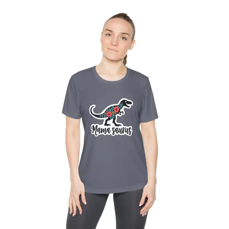 Gray t-shirt featuring a dinosaur graphic from Mama Saurus Rex Style Quick Dry collection