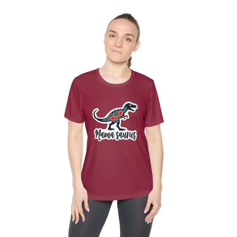 Maroon T-shirt featuring a dinosaur graphic from Mama Saurus Rex Style Quick Dry collection