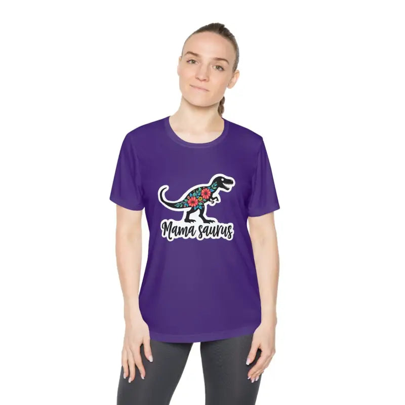Purple Mama Saurus Rex Style Quick Dry Dinosaur T Shirt featuring a playful dinosaur graphic