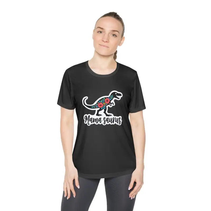 Black t-shirt featuring a dinosaur graphic from Mama Saurus Rex Style collection