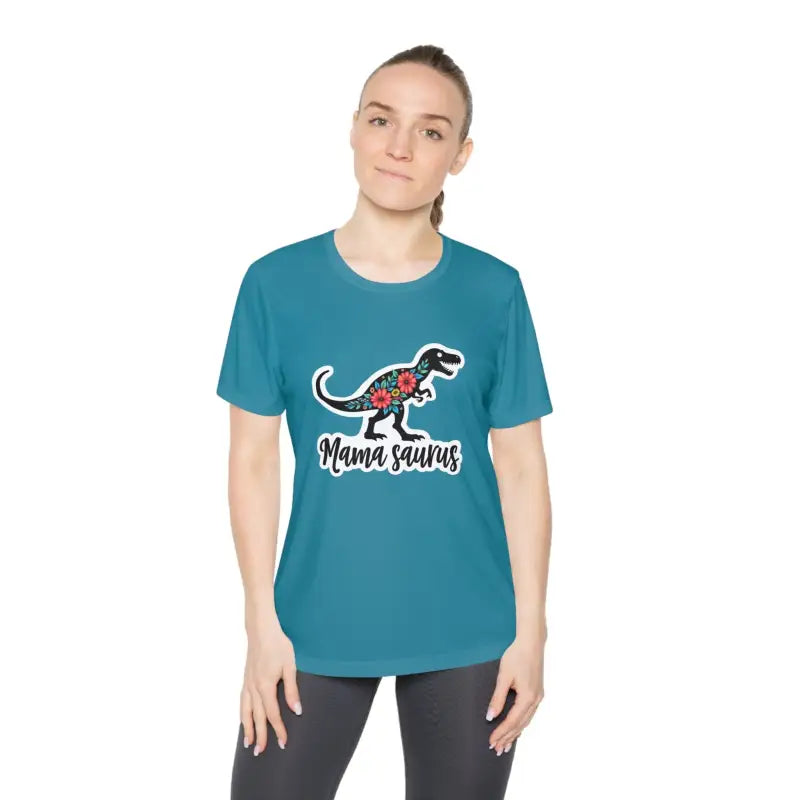 Teal Mama Saurus Rex Style Quick Dry T-Shirt featuring a dinosaur graphic design