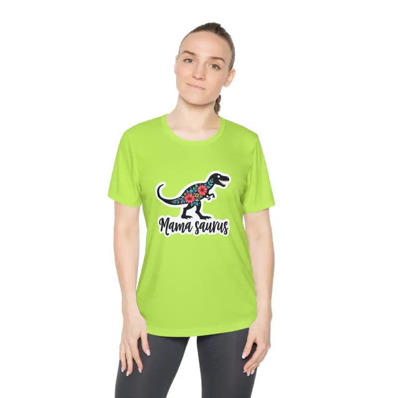 Lime green Mama Saurus Rex quick dry t-shirt featuring a dinosaur graphic design