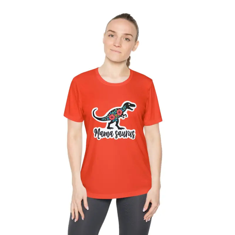 Red t-shirt featuring a dinosaur graphic from Mama Saurus Rex Style