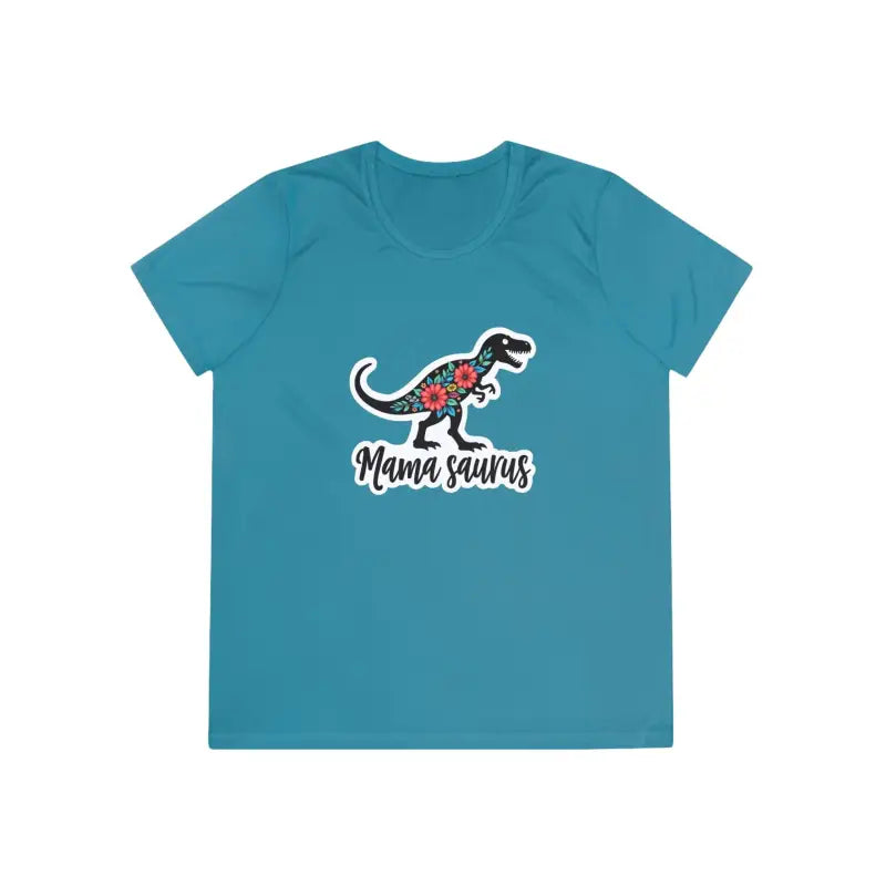 Teal t-shirt featuring a dinosaur graphic from Mama Saurus Rex Style collection