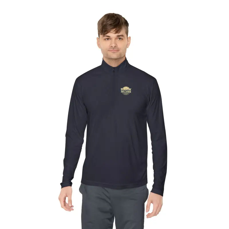Navy long-sleeved shirt featured in Men Simple Block Island Quarter Zip Pullover
