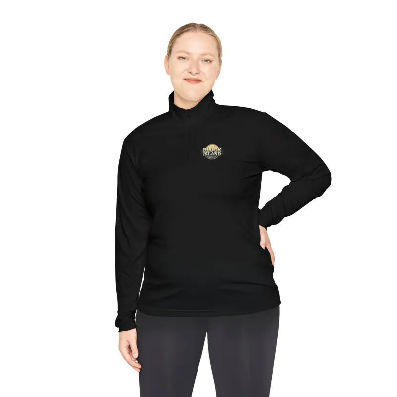Black long-sleeved athletic shirt featured in Men Simple Block Island Quarter Zip Pullover