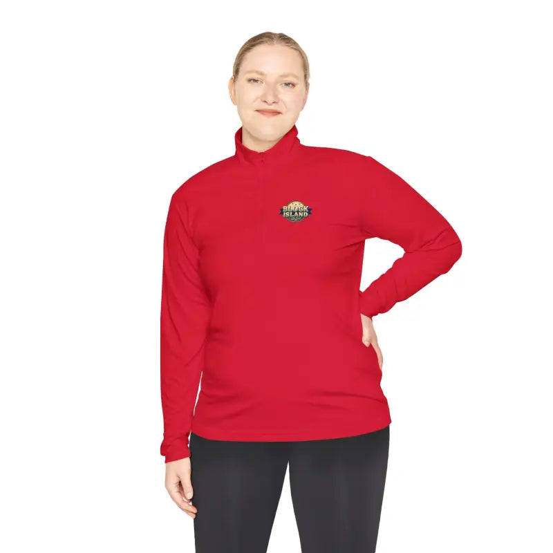 Red long-sleeved athletic shirt featured in Men Simple Block Island Quarter Zip Pullover