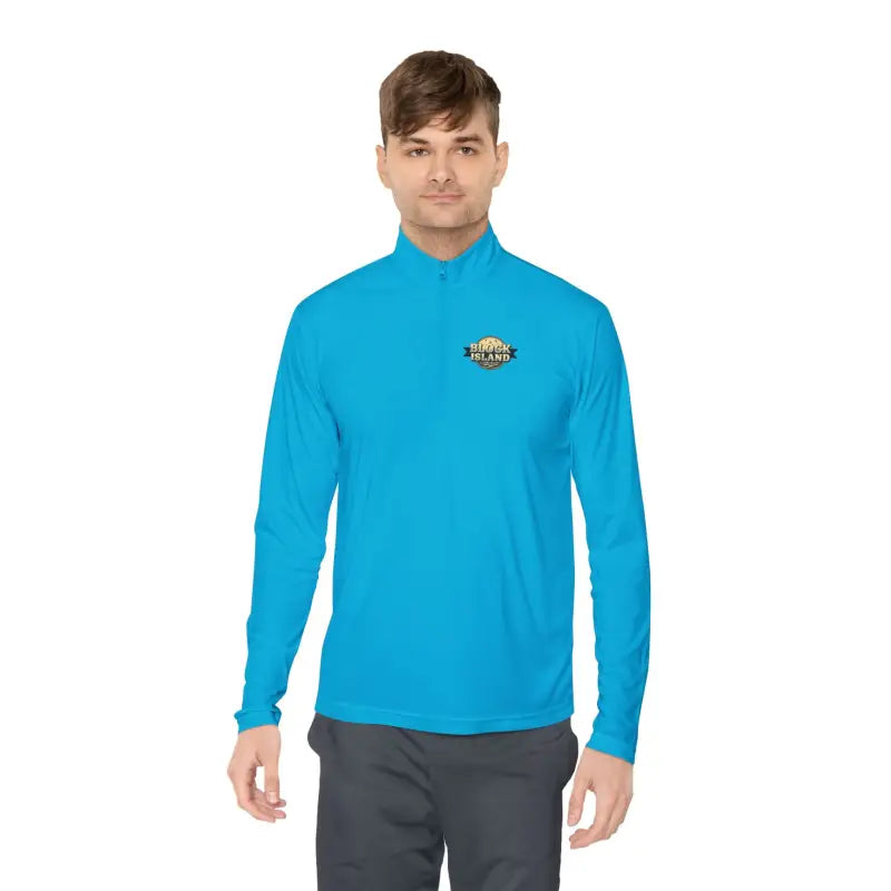 Man wearing blue long-sleeve shirt with gray white blue pullover showcased in image