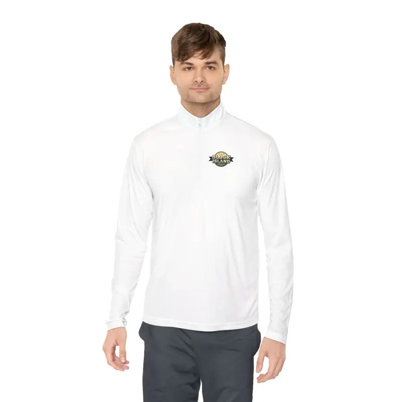 White long-sleeved shirt featured in Men Simple Block Island Quarter Zip Pullover