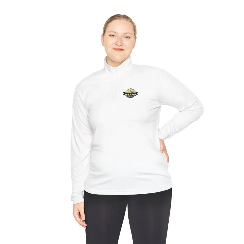 White long-sleeved athletic shirt featured in Men Simple Block Island Quarter Zip Pullover