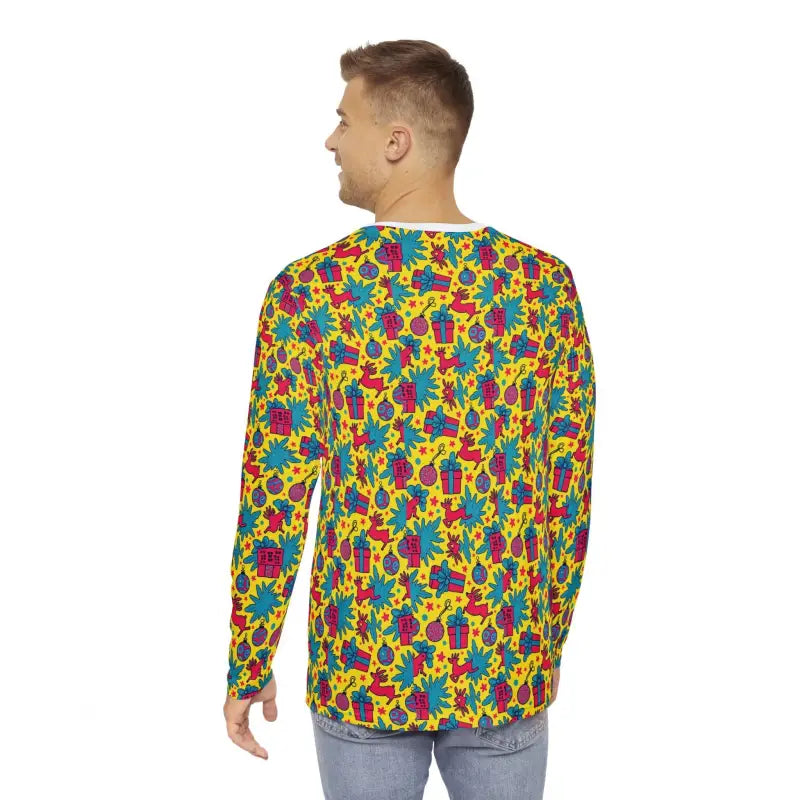 Man in a yellow Christmas-themed long-sleeve shirt for festive occasions