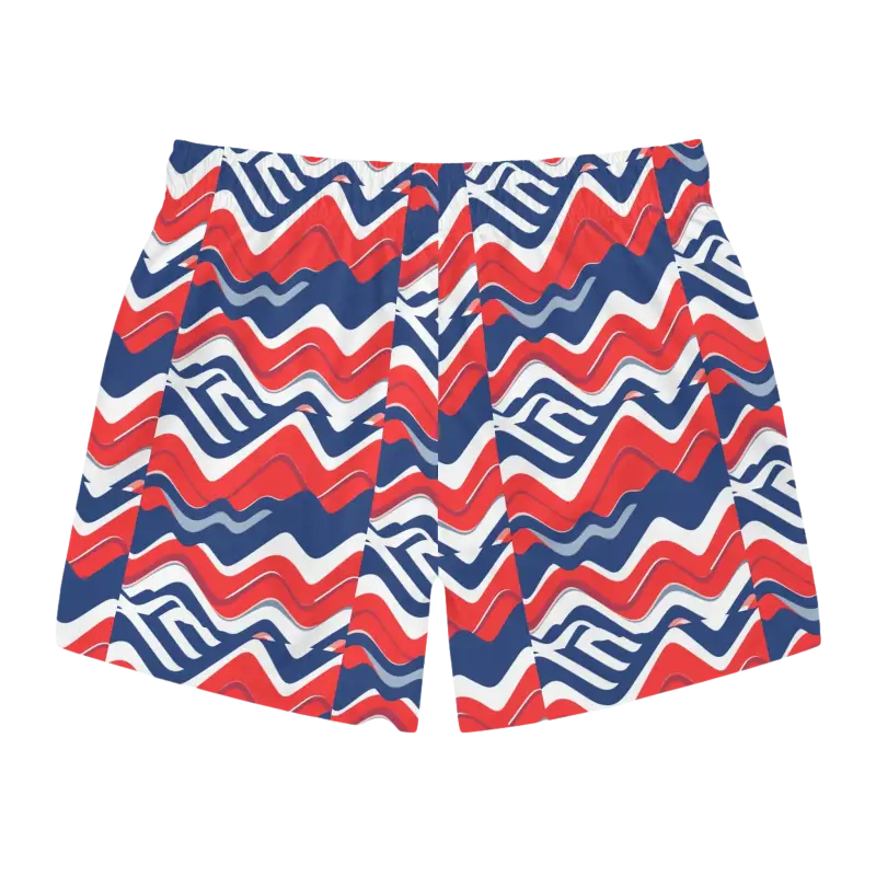 Men’s Red White Blue Patterned Swim Trunks with a vibrant patriotic design