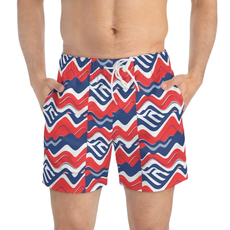 Men’s Red White Blue Patterned Swim Trunks showcasing vibrant summer fashion