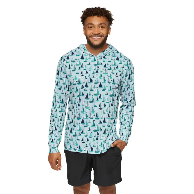 Man wearing Men’s Sports Warmup Hoodie featuring Nautical Sailboat Design