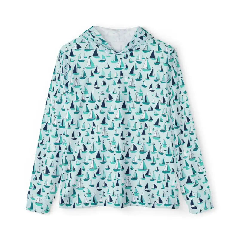 Long-sleeved hooded shirt featuring nautical sailboat pattern for men’s sports wear