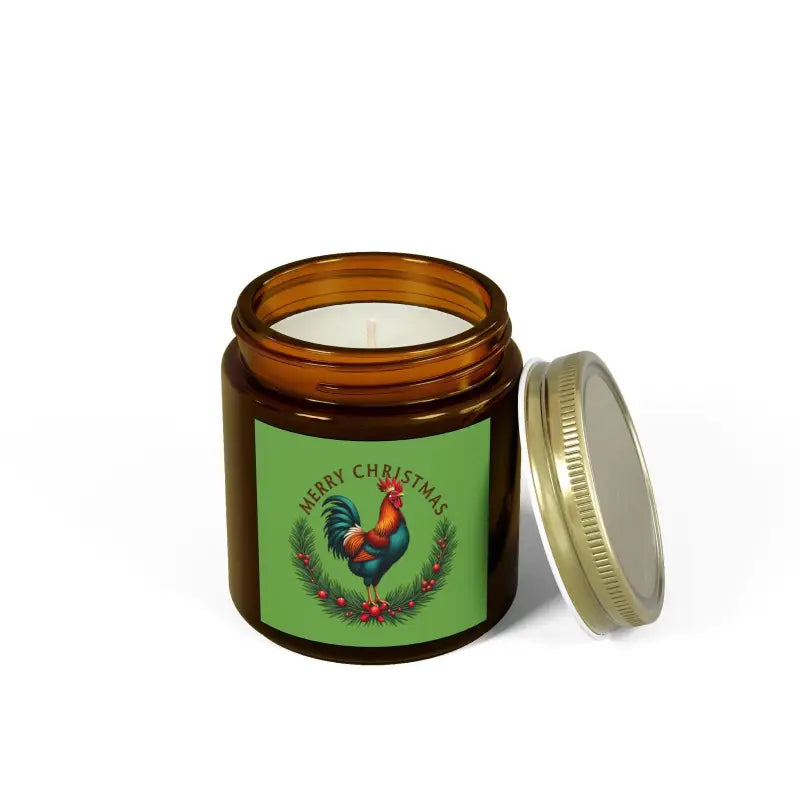 Amber jar candle featuring a rooster label for Merry Christmas Chicken Candle