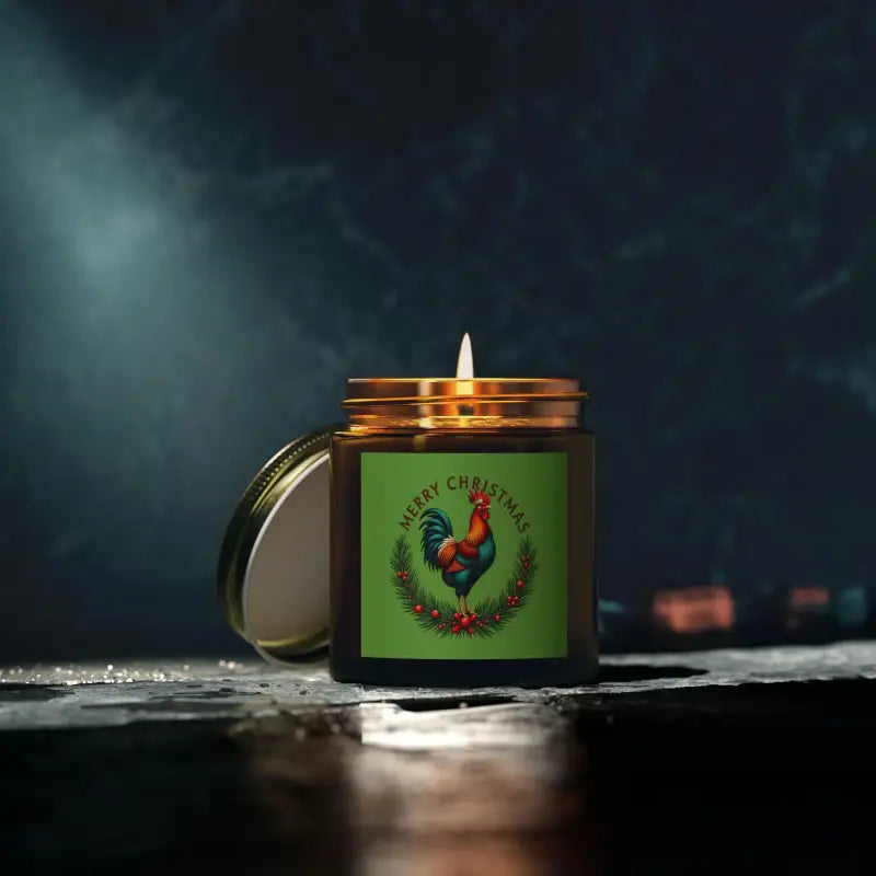 Merry Christmas Chicken Candle made of coconut apricot wax featuring a festive rooster design