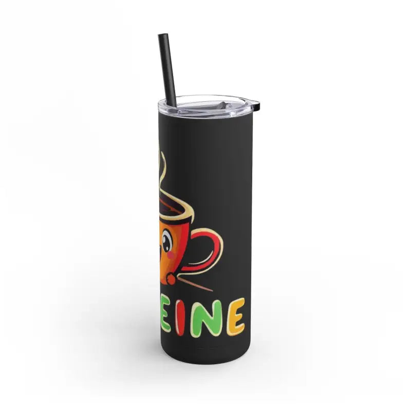 Black tumbler with cartoon coffee cup design from Mint and Black collection, 20oz insulated