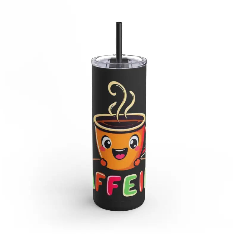 Black tumbler featuring a cartoon coffee cup design, Mint and Black 20oz Insulated