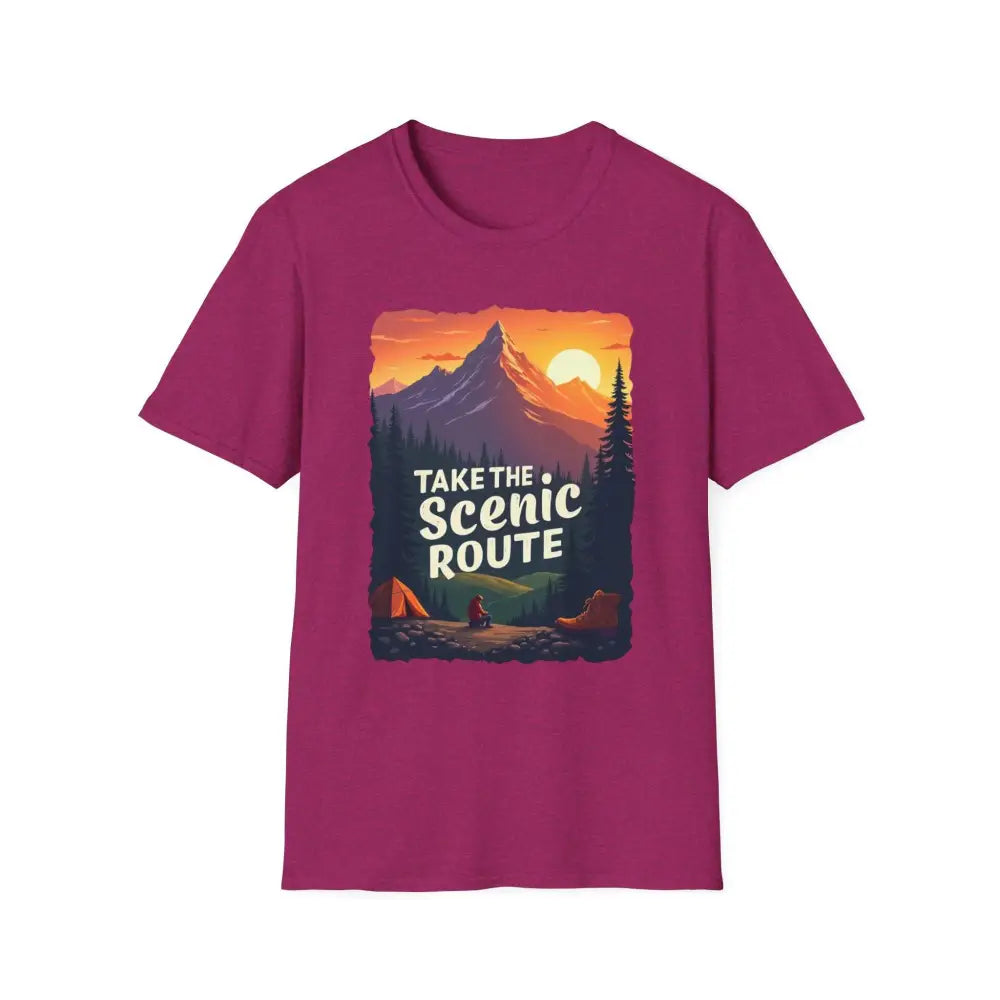 Magenta T-shirt featuring a scenic mountain graphic for the Mountain Graphic Scenic Route T-Shirt