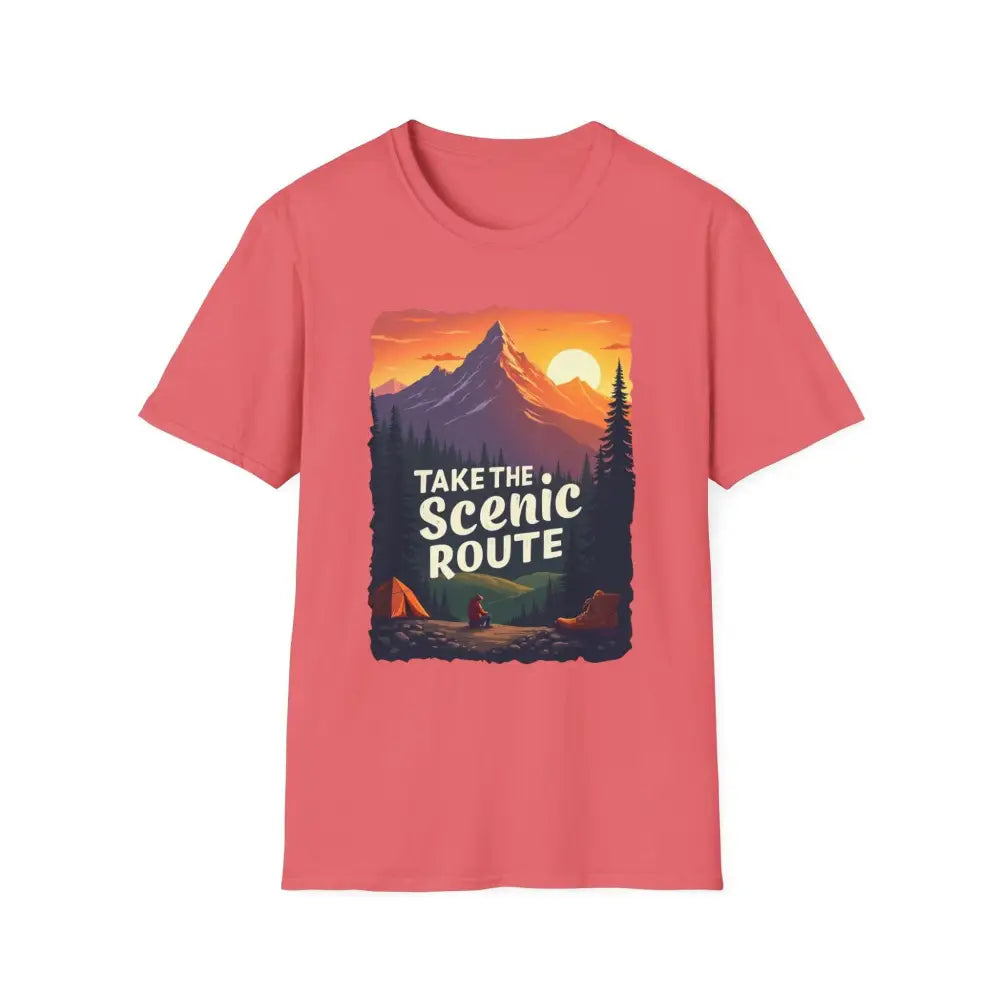 Salmon-colored Mountain Graphic Scenic Route T Shirt featuring a mountain design