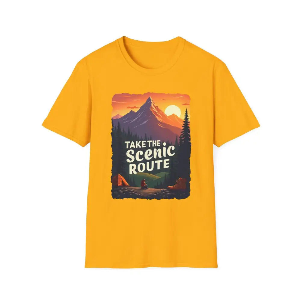 Yellow Mountain Graphic Scenic Route T Shirt showcasing a vibrant mountain design