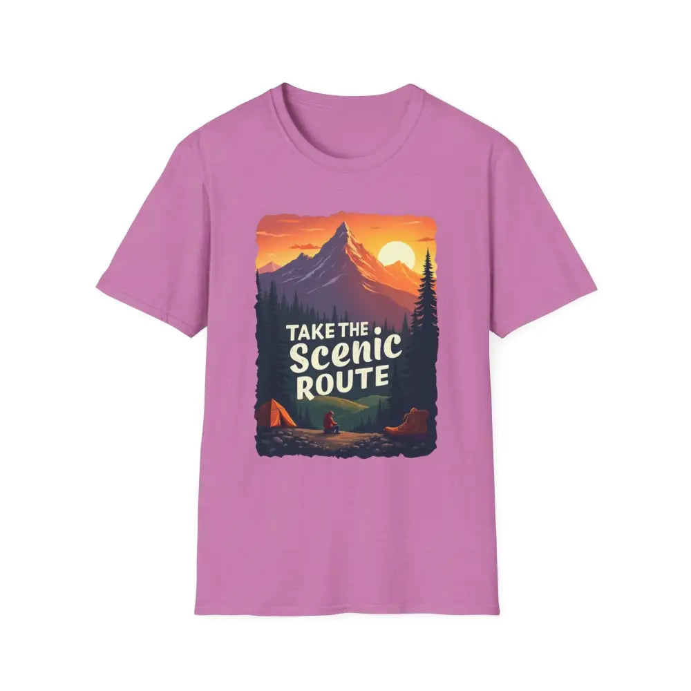 Pink Mountain Graphic Scenic Route T Shirt featuring a picturesque mountain scene