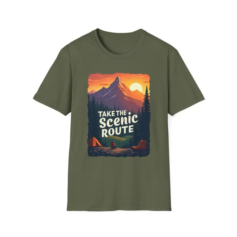 Olive Green Mountain Graphic Scenic Route T Shirt displayed on a white background