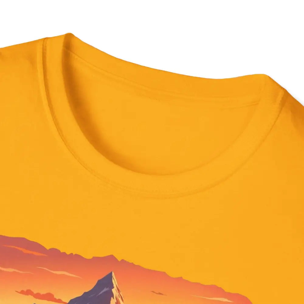 Mustard-yellow Mountain Graphic Scenic Route T Shirt, perfect for outdoor adventures