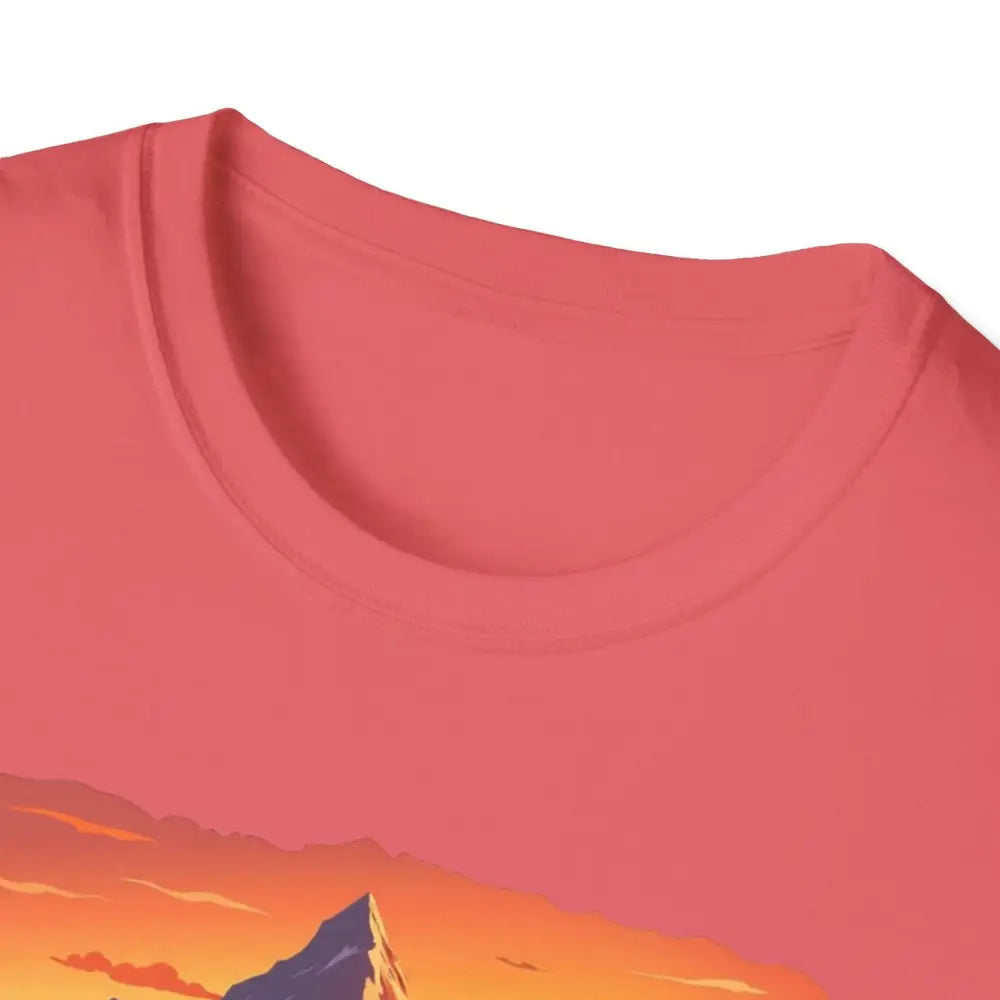 Salmon-colored Mountain Graphic Scenic Route T Shirt displayed on a neutral background