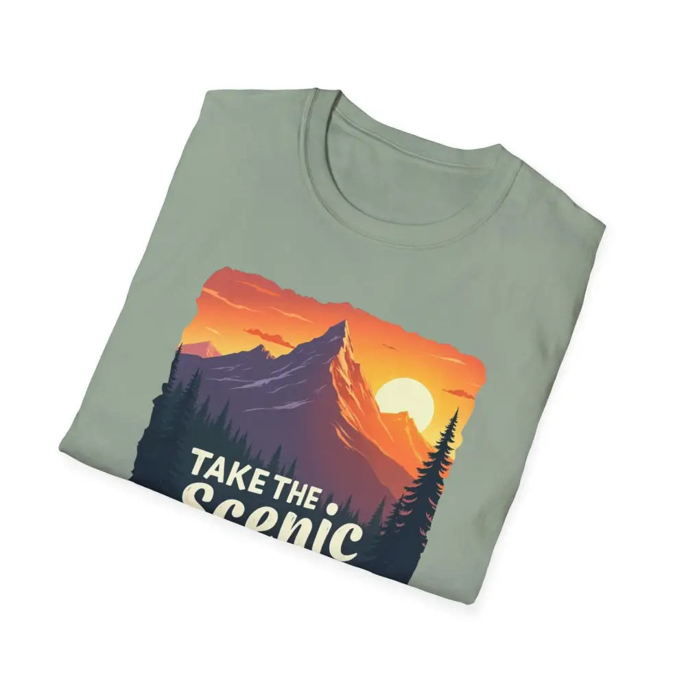 Folded Mountain Graphic Scenic Route T Shirt showcasing a vibrant outdoor design