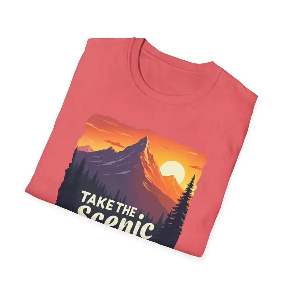 Folded salmon-colored Mountain Graphic Scenic Route T Shirt with mountain design