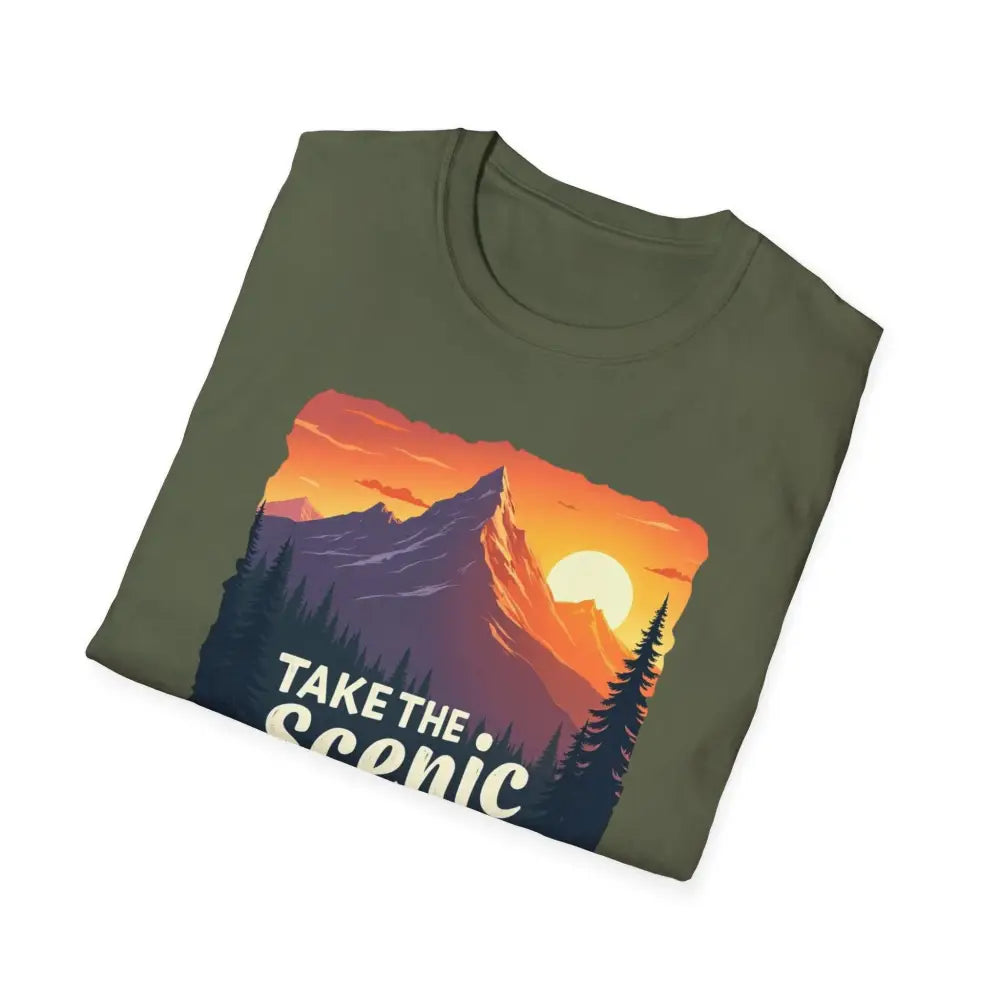 Folded olive-green Mountain Graphic Scenic Route T Shirt featuring a mountain graphic