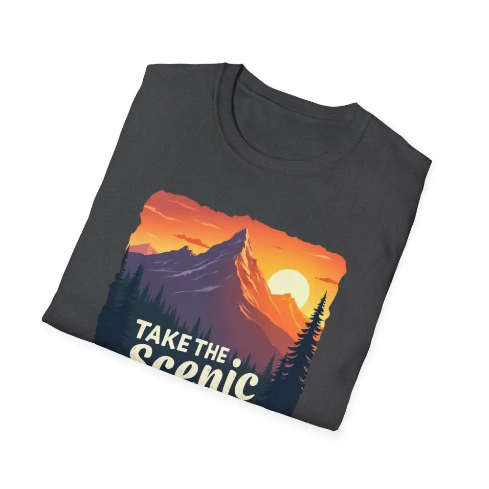 Folded gray t-shirt featuring a mountain graphic from the Mountain Graphic Scenic Route T Shirt